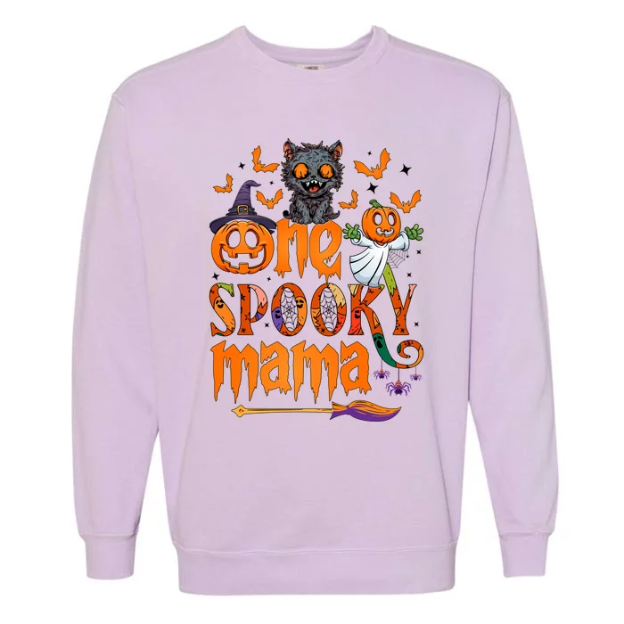 One Spooky Mama Funny Halloween Spooky Mama Black Cat Ghost Gift Garment-Dyed Sweatshirt