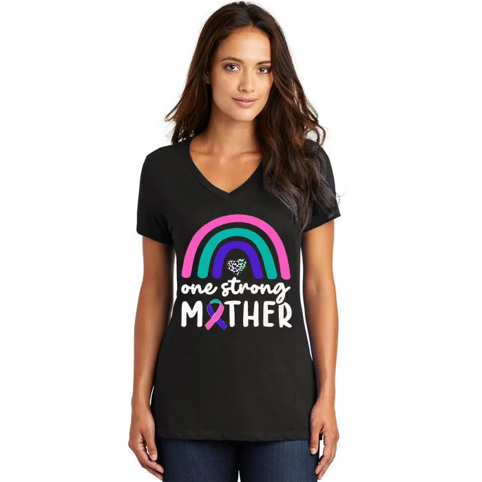 One Strong Mother Teal Rainbow Warrior Thyroid Cancer Month Women's V-Neck T-Shirt