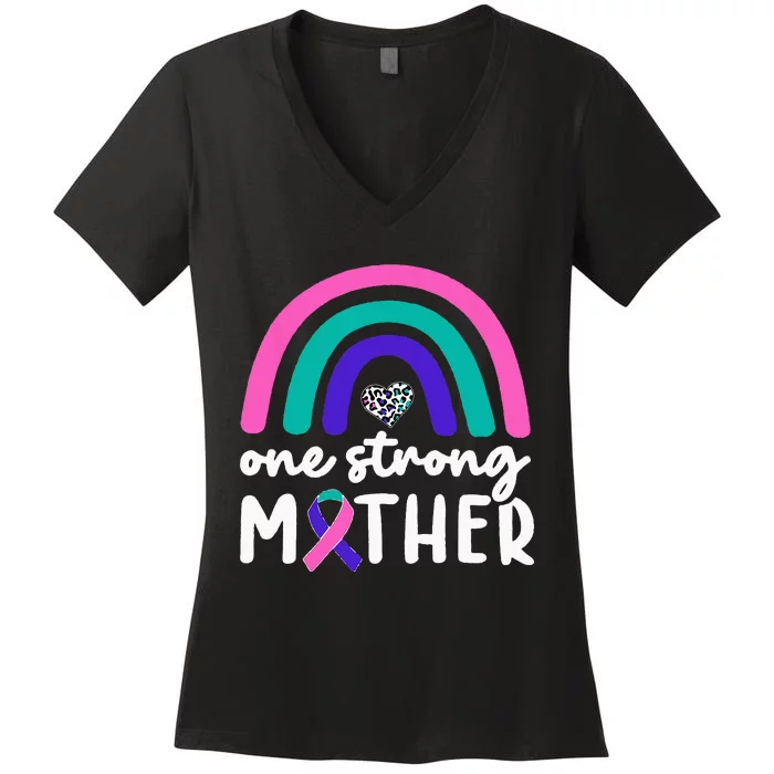 One Strong Mother Teal Rainbow Warrior Thyroid Cancer Month Women's V-Neck T-Shirt