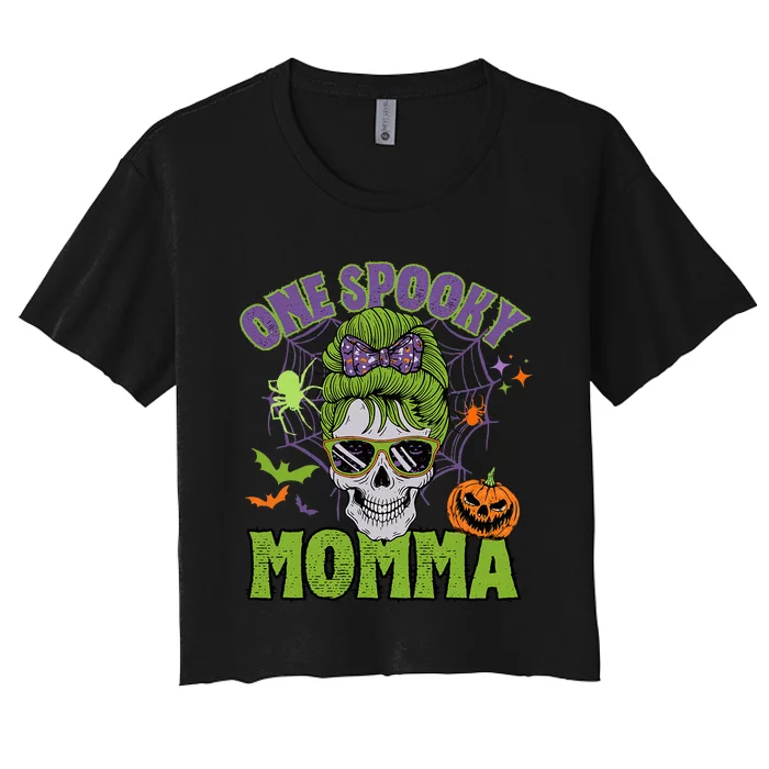 One Spooky Mama Messy Bun Funny Halloween Costume Women's Crop Top Tee