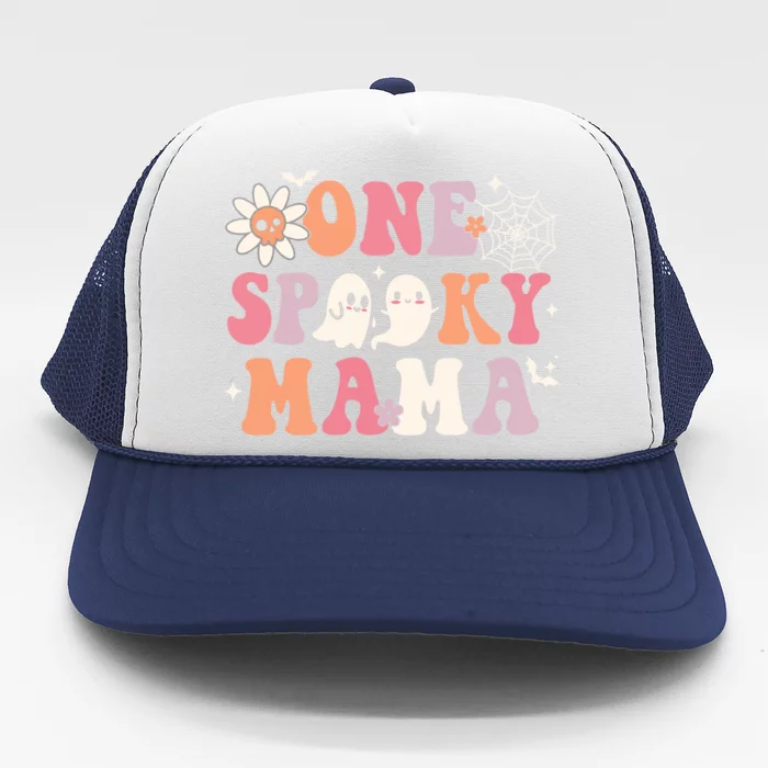 One Spooky Mama Ghost Halloween Groovy Retro Trick Or Treat Gift Trucker Hat