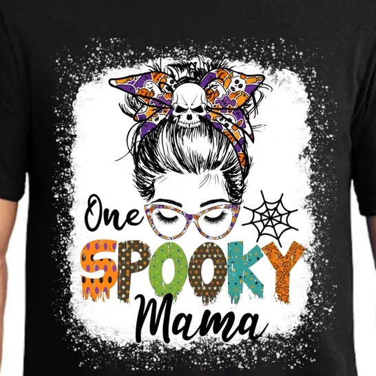 One Spooky Mama Halloween Messy Bun Skull Funny Mom Life Gift Pajama Set