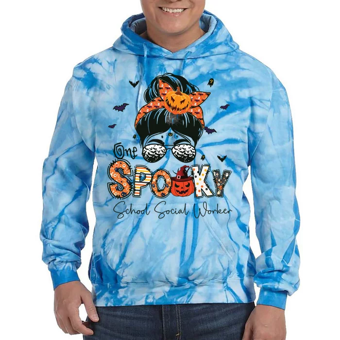 One Spooky School Social Worker Messy Bun Women Halloween Tie Dye Hoodie