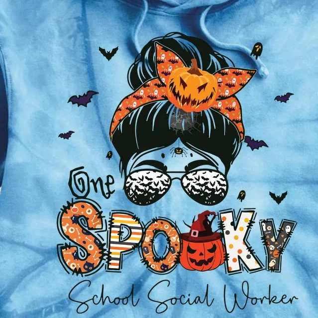 One Spooky School Social Worker Messy Bun Women Halloween Tie Dye Hoodie