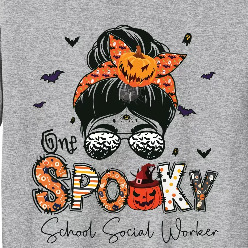 One Spooky School Social Worker Messy Bun Women Halloween Tall Sweatshirt