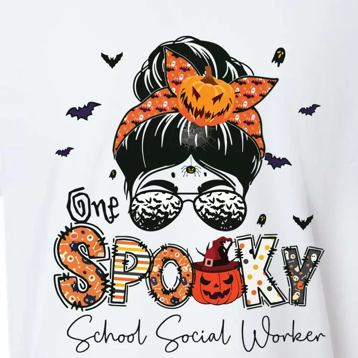 One Spooky School Social Worker Messy Bun Women Halloween Sueded Cloud Jersey T-Shirt