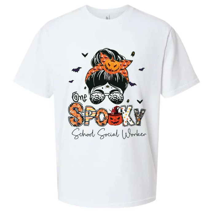 One Spooky School Social Worker Messy Bun Women Halloween Sueded Cloud Jersey T-Shirt