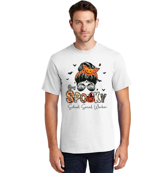 One Spooky School Social Worker Messy Bun Women Halloween Tall T-Shirt