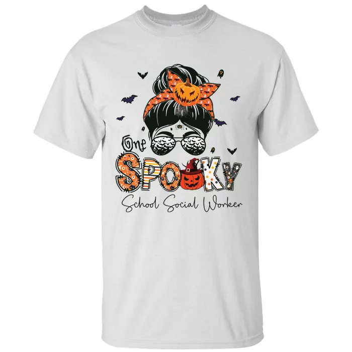 One Spooky School Social Worker Messy Bun Women Halloween Tall T-Shirt