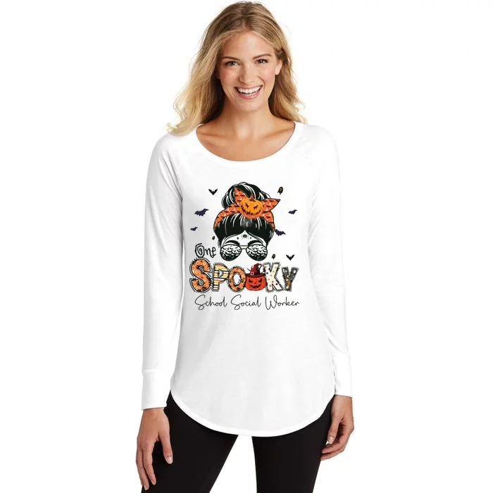 One Spooky School Social Worker Messy Bun Women Halloween Women's Perfect Tri Tunic Long Sleeve Shirt