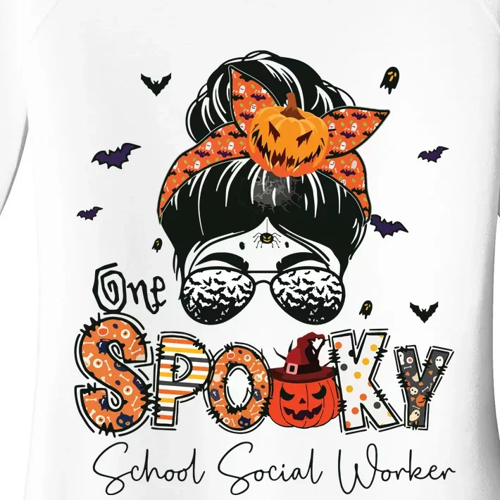 One Spooky School Social Worker Messy Bun Women Halloween Women's Perfect Tri Tunic Long Sleeve Shirt