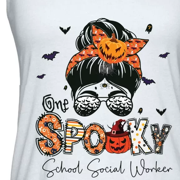 One Spooky School Social Worker Messy Bun Women Halloween Ladies Essential Flowy Tank