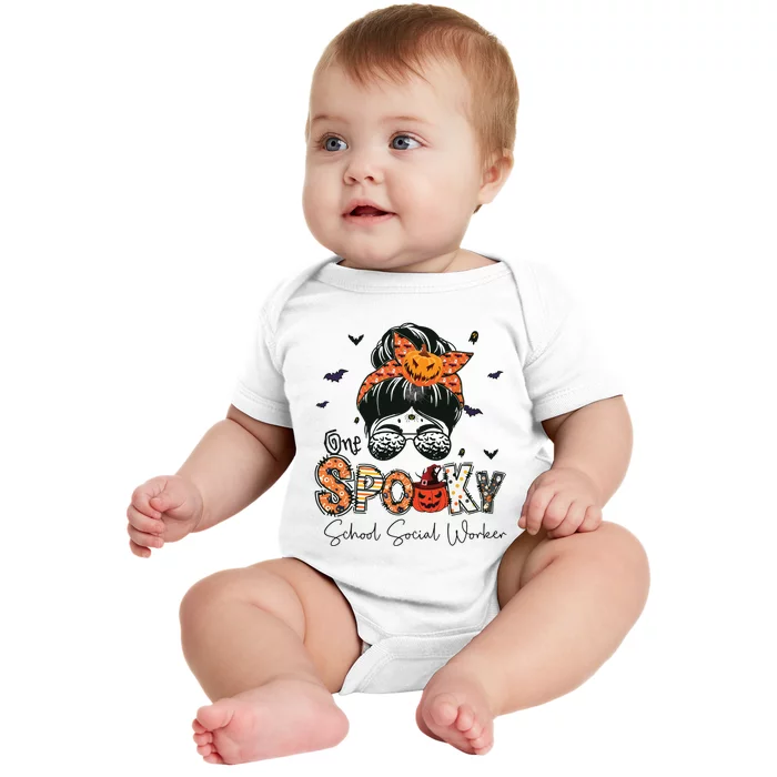 One Spooky School Social Worker Messy Bun Women Halloween Baby Bodysuit