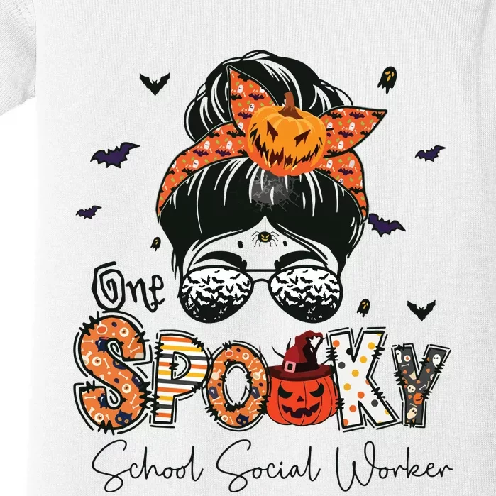 One Spooky School Social Worker Messy Bun Women Halloween Baby Bodysuit