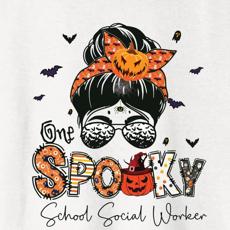 One Spooky School Social Worker Messy Bun Women Halloween Women's Crop Top Tee