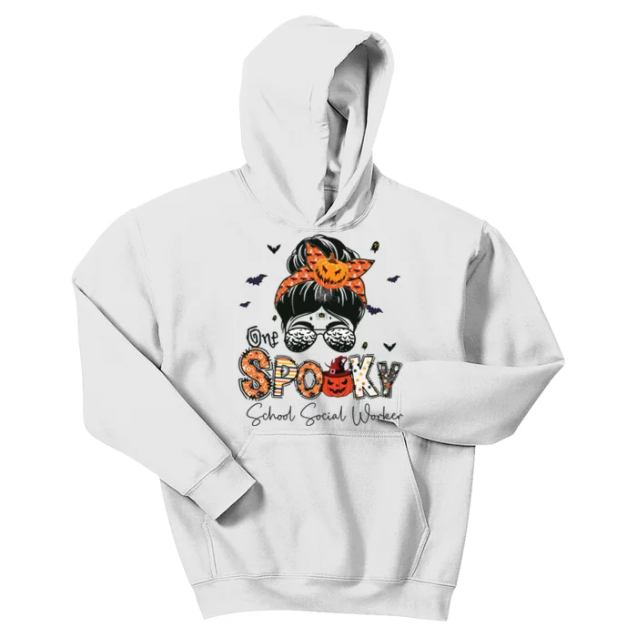 One Spooky School Social Worker Messy Bun Women Halloween Kids Hoodie