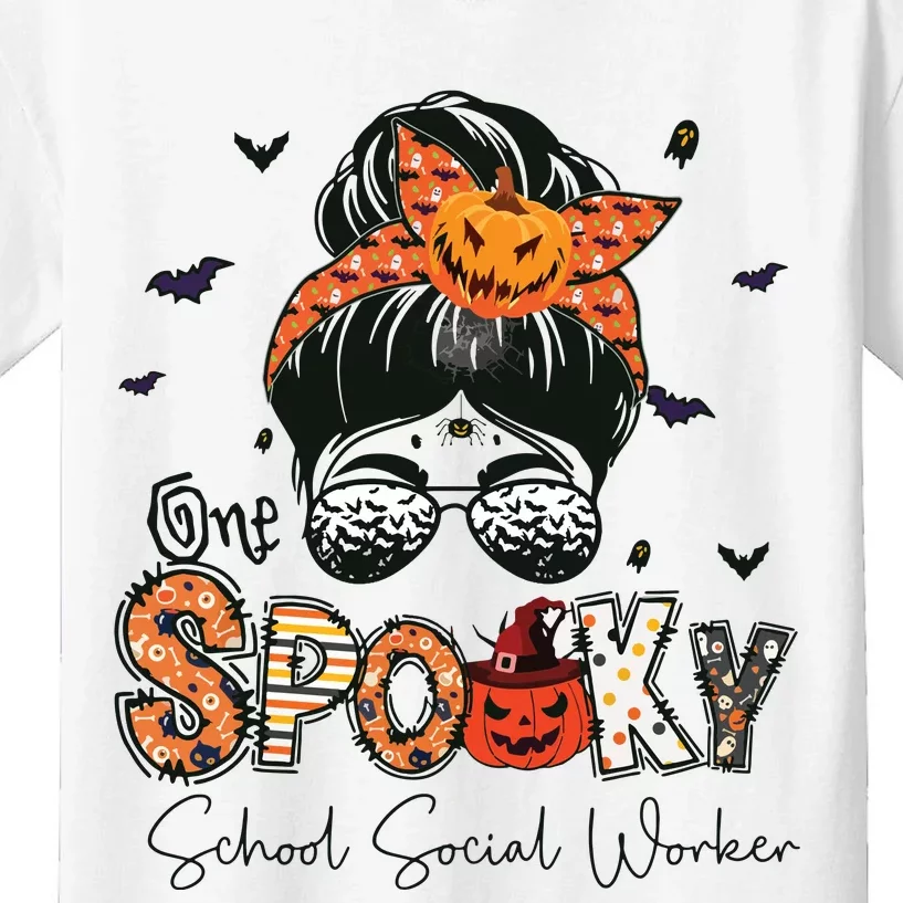 One Spooky School Social Worker Messy Bun Women Halloween Kids T-Shirt