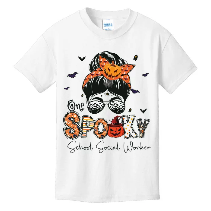 One Spooky School Social Worker Messy Bun Women Halloween Kids T-Shirt