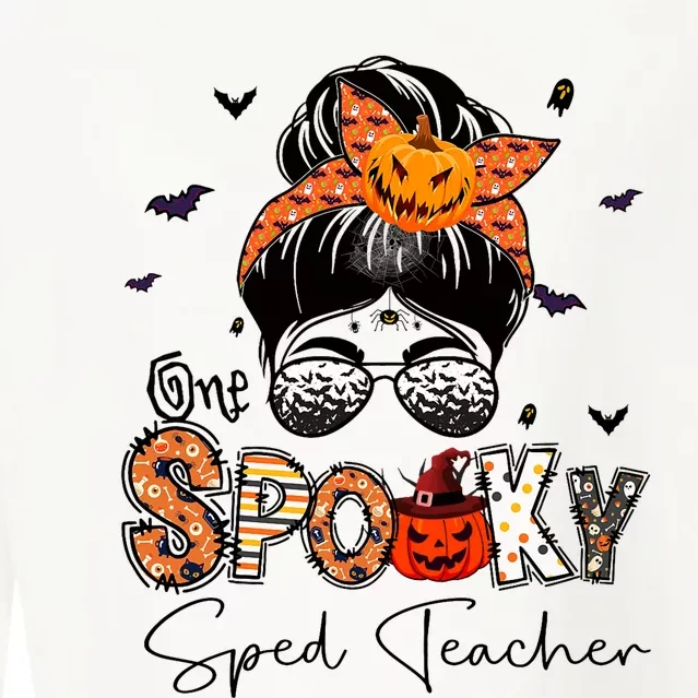 One Spooky Sped Teacher Messy Bun Women Pumpkin Halloween Cropped Pullover Crew