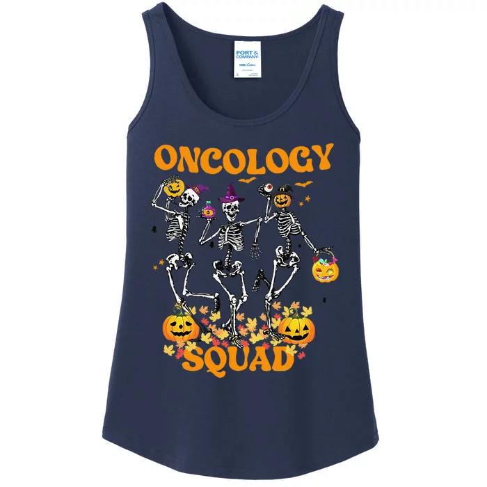 Oncology Squad Skeleton Pumpkin Fall Leaves Spooky Halloween Ladies Essential Tank