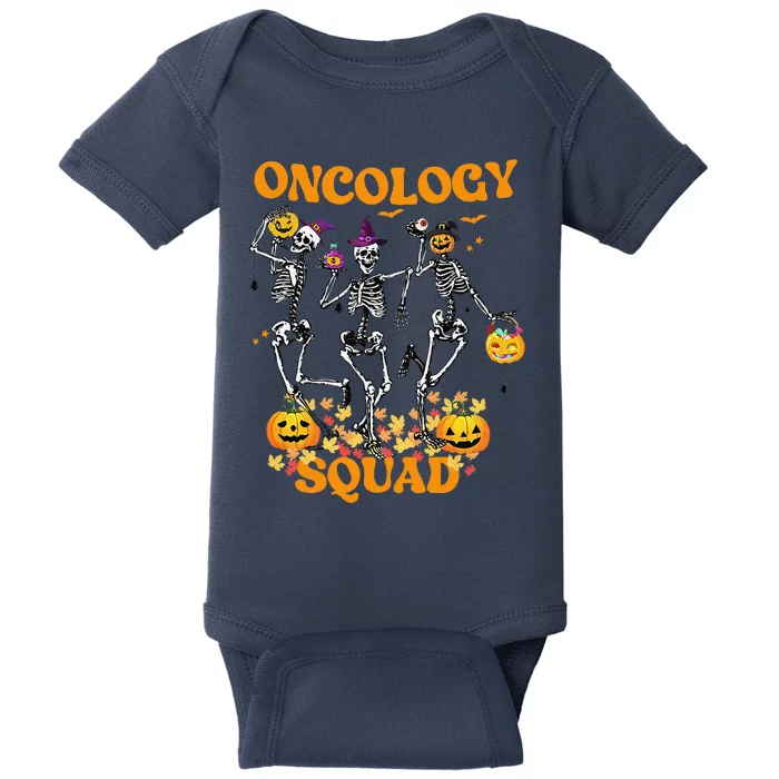 Oncology Squad Skeleton Pumpkin Fall Leaves Spooky Halloween Baby Bodysuit