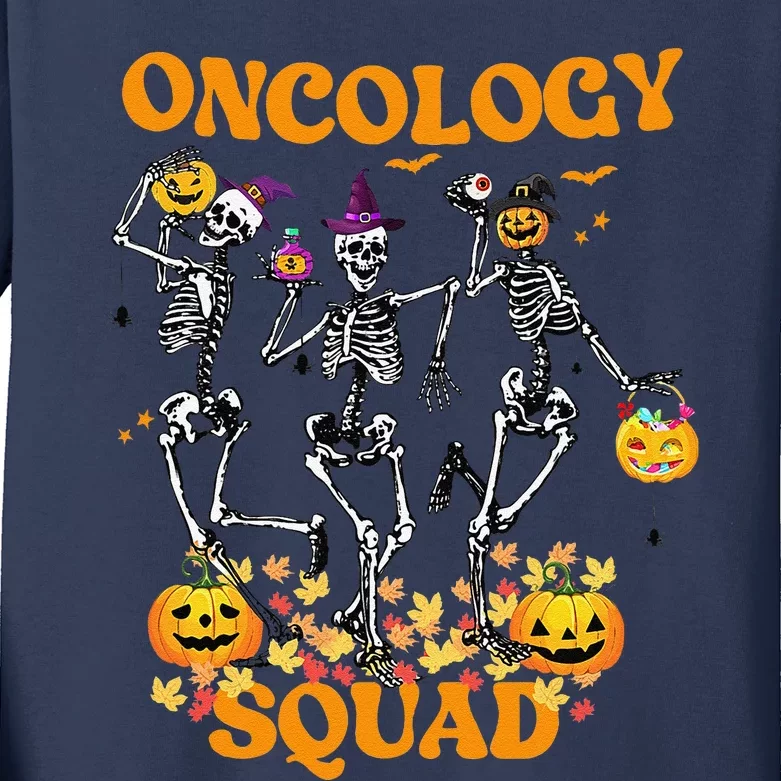 Oncology Squad Skeleton Pumpkin Fall Leaves Spooky Halloween Kids Long Sleeve Shirt