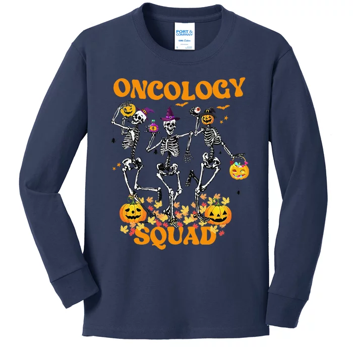 Oncology Squad Skeleton Pumpkin Fall Leaves Spooky Halloween Kids Long Sleeve Shirt