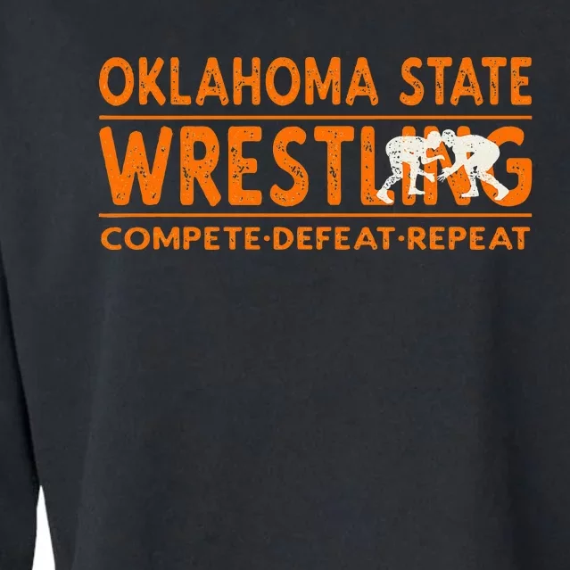 Oklahoma S.T.A.T.E Wrestling Compete Defeat Repeat Cropped Pullover Crew