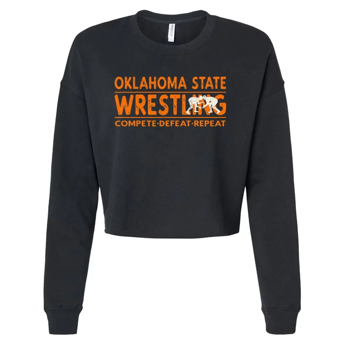 Oklahoma S.T.A.T.E Wrestling Compete Defeat Repeat Cropped Pullover Crew