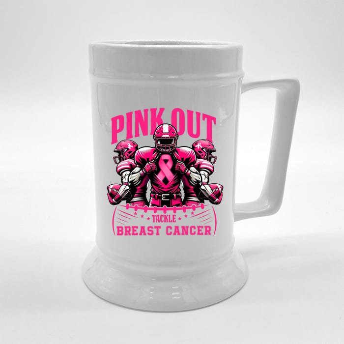 Out Tackle Breast Cancer Awareness Football Ribbon Front & Back Beer Stein