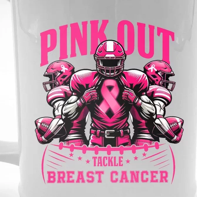 Out Tackle Breast Cancer Awareness Football Ribbon Front & Back Beer Stein