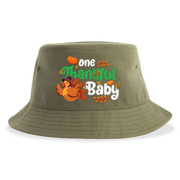 One Thankful Baby Funny Turkey Thanksgiving Baby Announcement Sustainable Bucket Hat