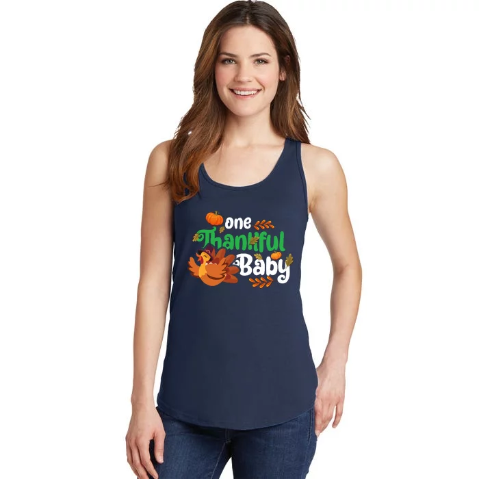 One Thankful Baby Funny Turkey Thanksgiving Baby Announcement Ladies Essential Tank