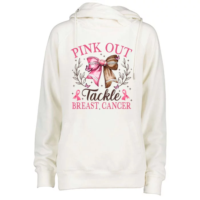 Out Tackle Breast Cancer Football Coquette Bow Womens Funnel Neck Pullover Hood