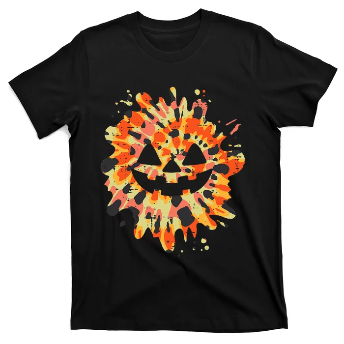 Orange Tie Dye Pumpkin Face Jack O Lantern Halloween Hippie T-Shirt