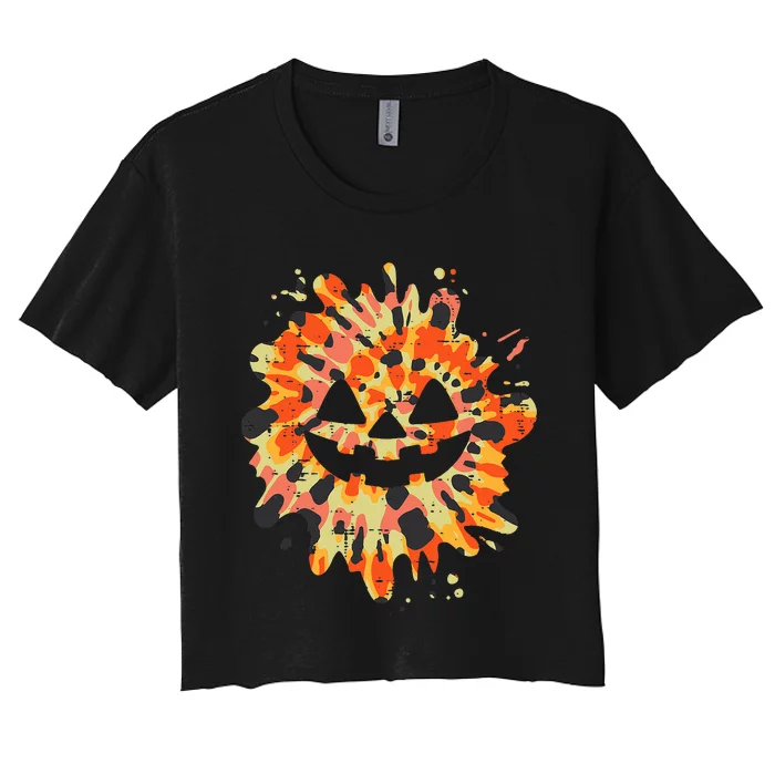 Orange Tie Dye Pumpkin Face Jack O Lantern Halloween Hippie Women's Crop Top Tee