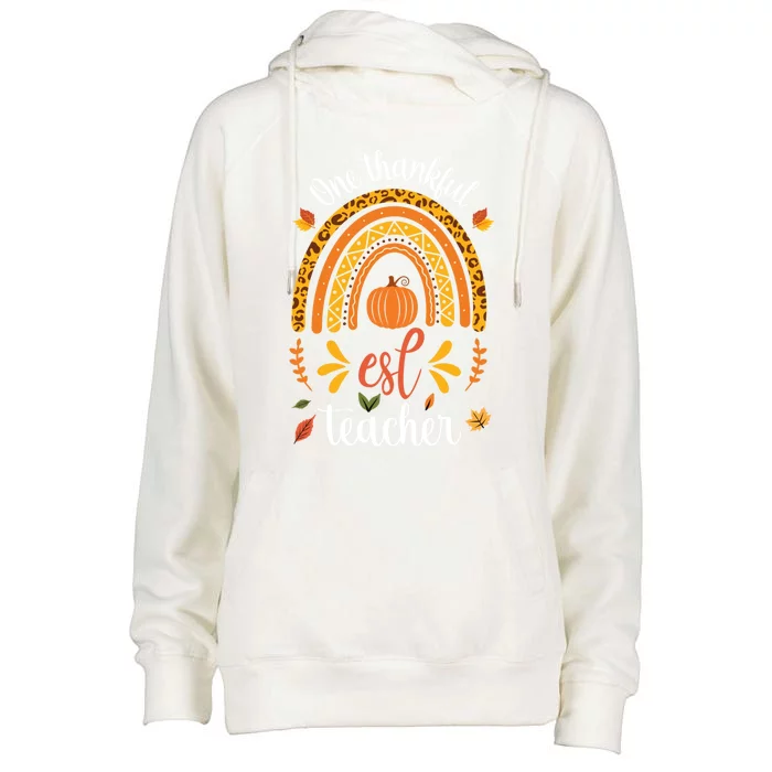 One Thankful Esl Teacher Leopard Rainbow Thanksgiving Gift Womens Funnel Neck Pullover Hood