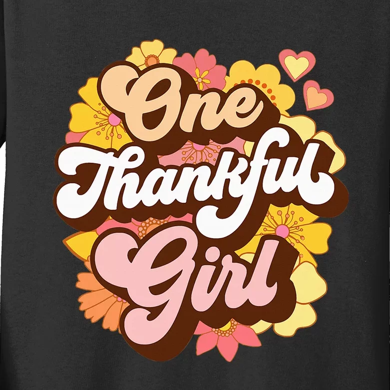 One Thankful Girl Retro Groovy Fall Thanksgiving Flowers Kids Long Sleeve Shirt