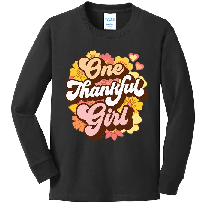 One Thankful Girl Retro Groovy Fall Thanksgiving Flowers Kids Long Sleeve Shirt