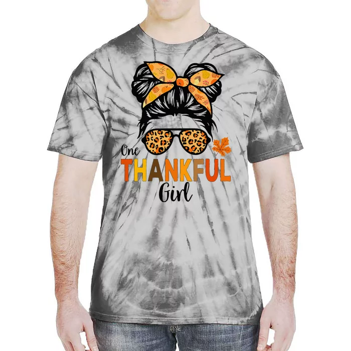 One Thankful Girl Thanksgiving Messy Bun Leopard Tie-Dye T-Shirt