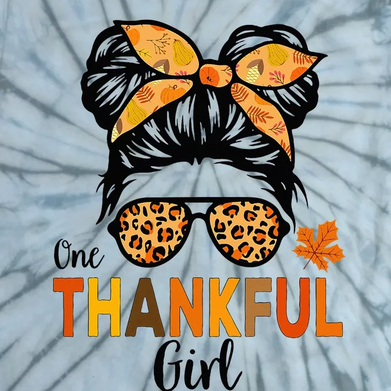 One Thankful Girl Thanksgiving Messy Bun Leopard Tie-Dye T-Shirt