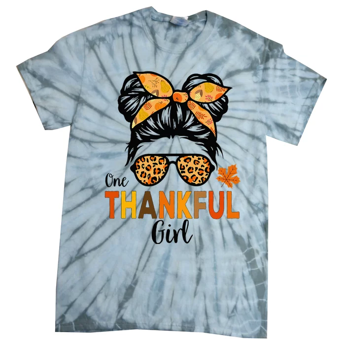 One Thankful Girl Thanksgiving Messy Bun Leopard Tie-Dye T-Shirt