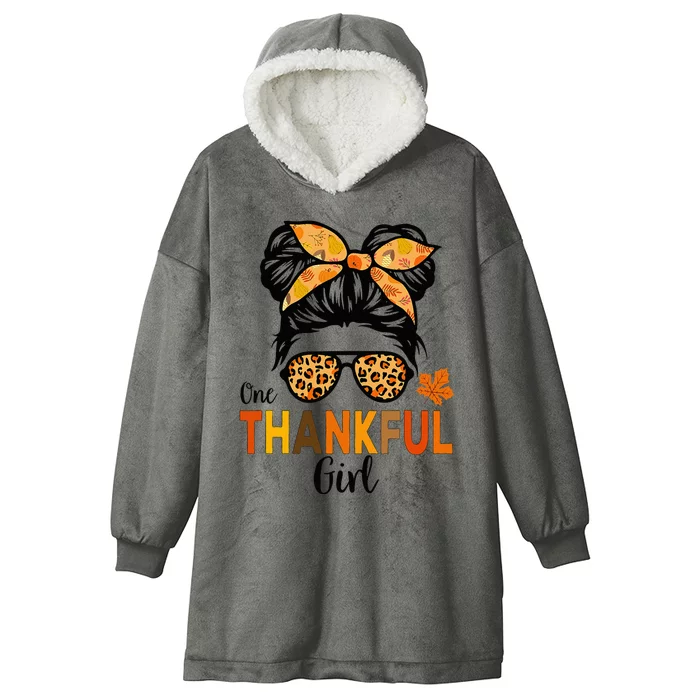 One Thankful Girl Thanksgiving Messy Bun Leopard Hooded Wearable Blanket