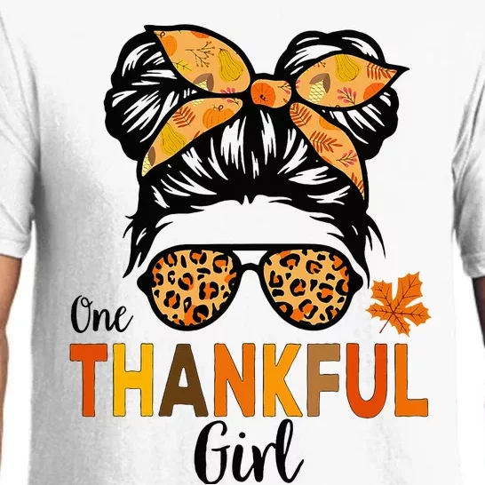 One Thankful Girl Thanksgiving Messy Bun Leopard Pajama Set