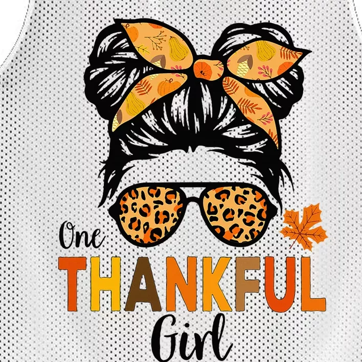 One Thankful Girl Thanksgiving Messy Bun Leopard Mesh Reversible Basketball Jersey Tank