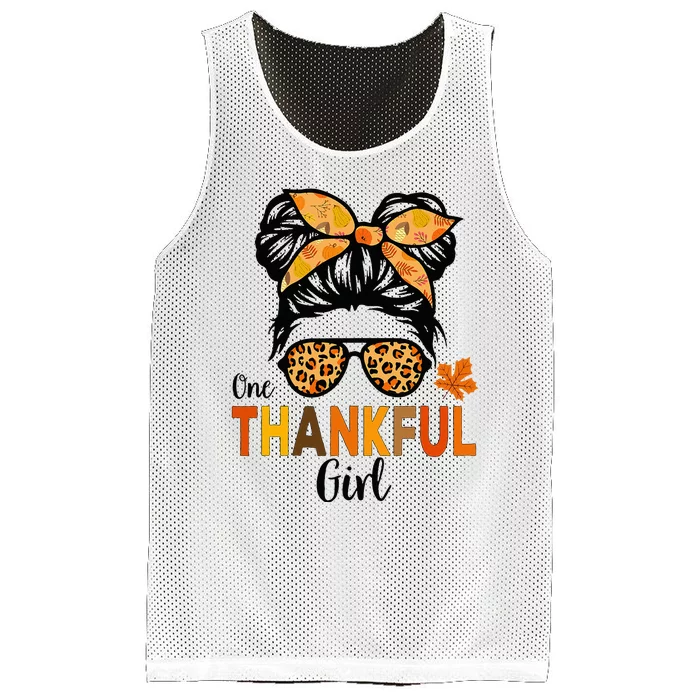 One Thankful Girl Thanksgiving Messy Bun Leopard Mesh Reversible Basketball Jersey Tank