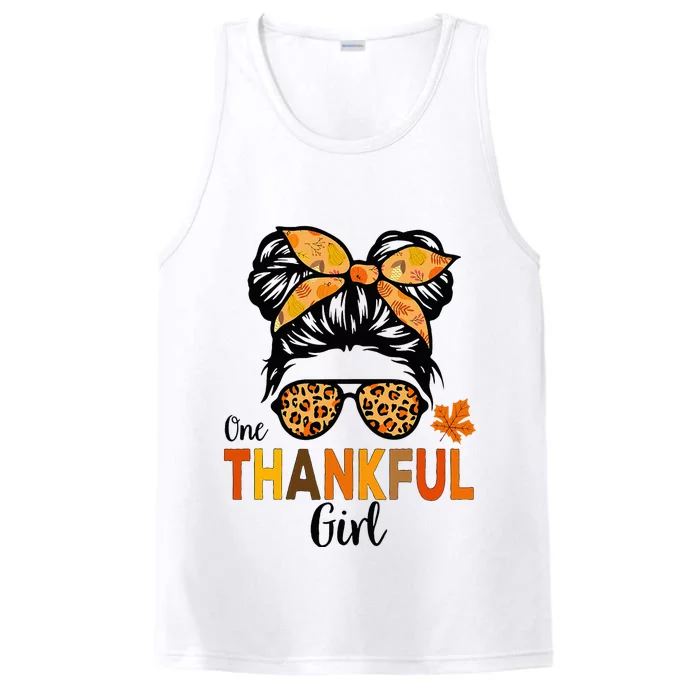 One Thankful Girl Thanksgiving Messy Bun Leopard Performance Tank