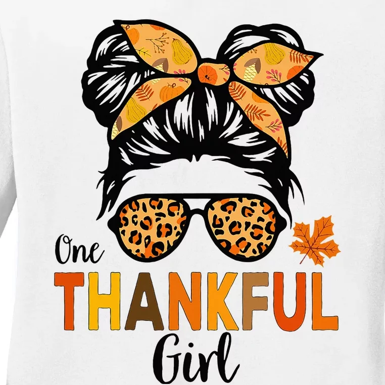 One Thankful Girl Thanksgiving Messy Bun Leopard Ladies Long Sleeve Shirt