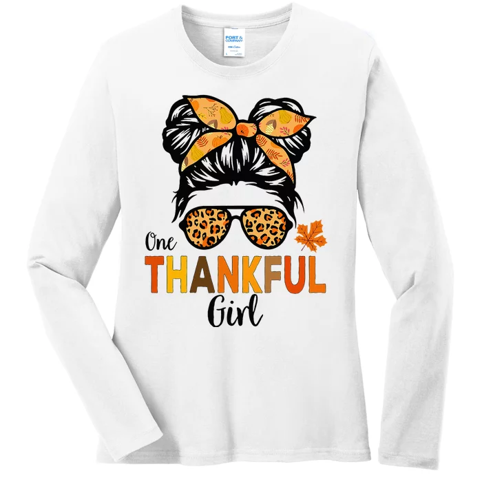 One Thankful Girl Thanksgiving Messy Bun Leopard Ladies Long Sleeve Shirt