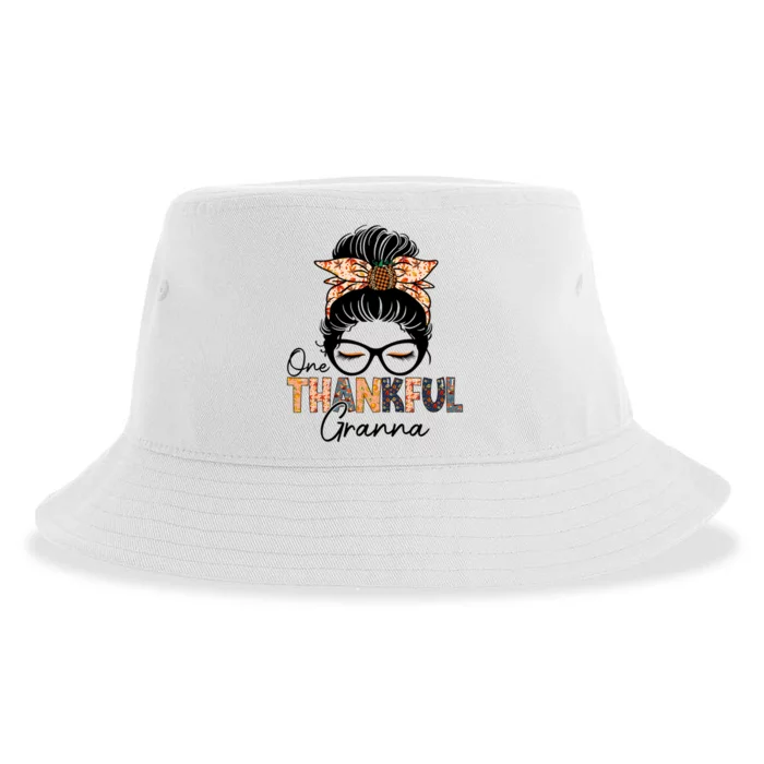 One Thankful Granna Leopard Messy Bun Thanksgiving Family Gift Sustainable Bucket Hat